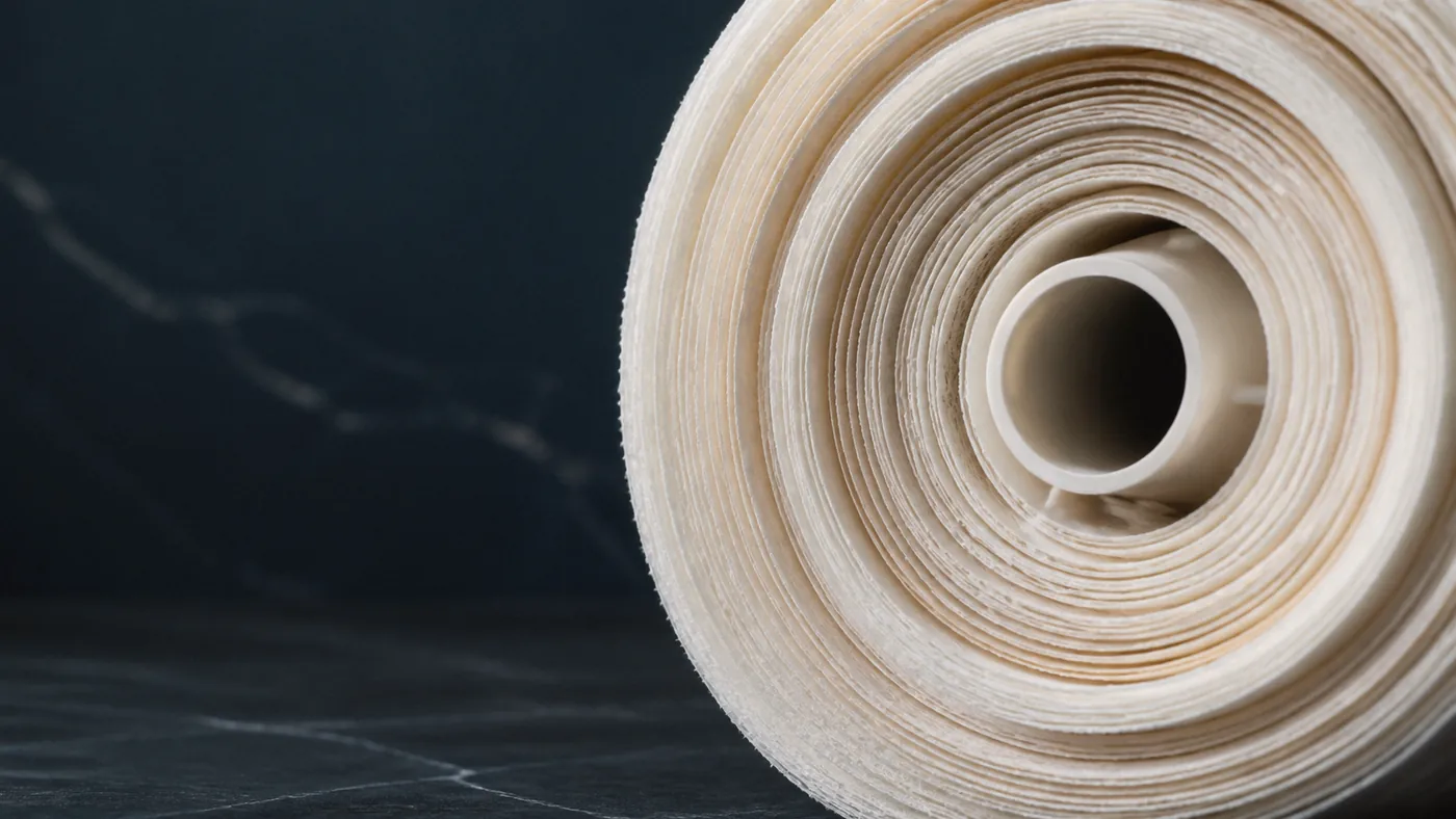 Coupe d'une membrane de filtration spiralée : couches ivoire enroulées autour du cœur, sur fond marine