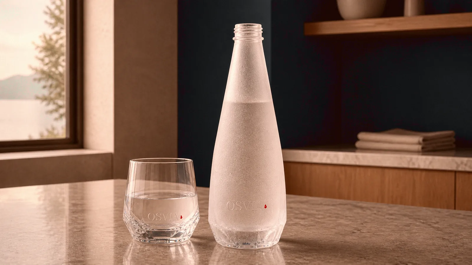 La bouteille OSVIA en verre sablé, voilée de buée sortie du frigo, à côté d'un verre d'eau sur le marbre d'une cuisine au matin