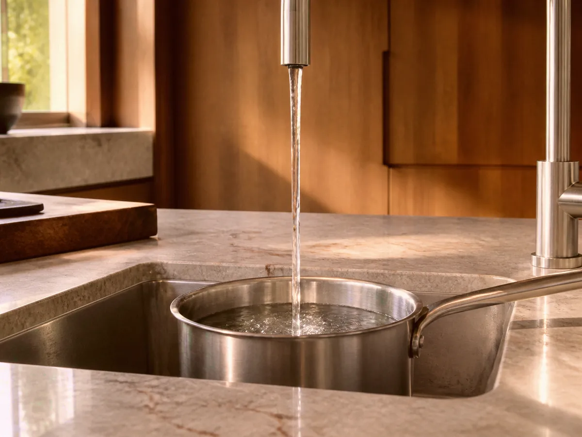 Une casserole en inox remplie d'un filet d'eau claire au robinet de la cuisine