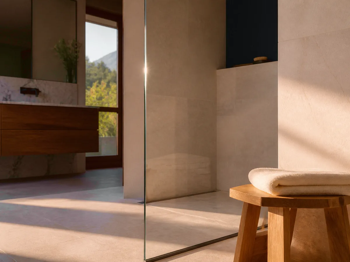 Une paroi de douche en verre parfaitement nette dans la lumière du matin