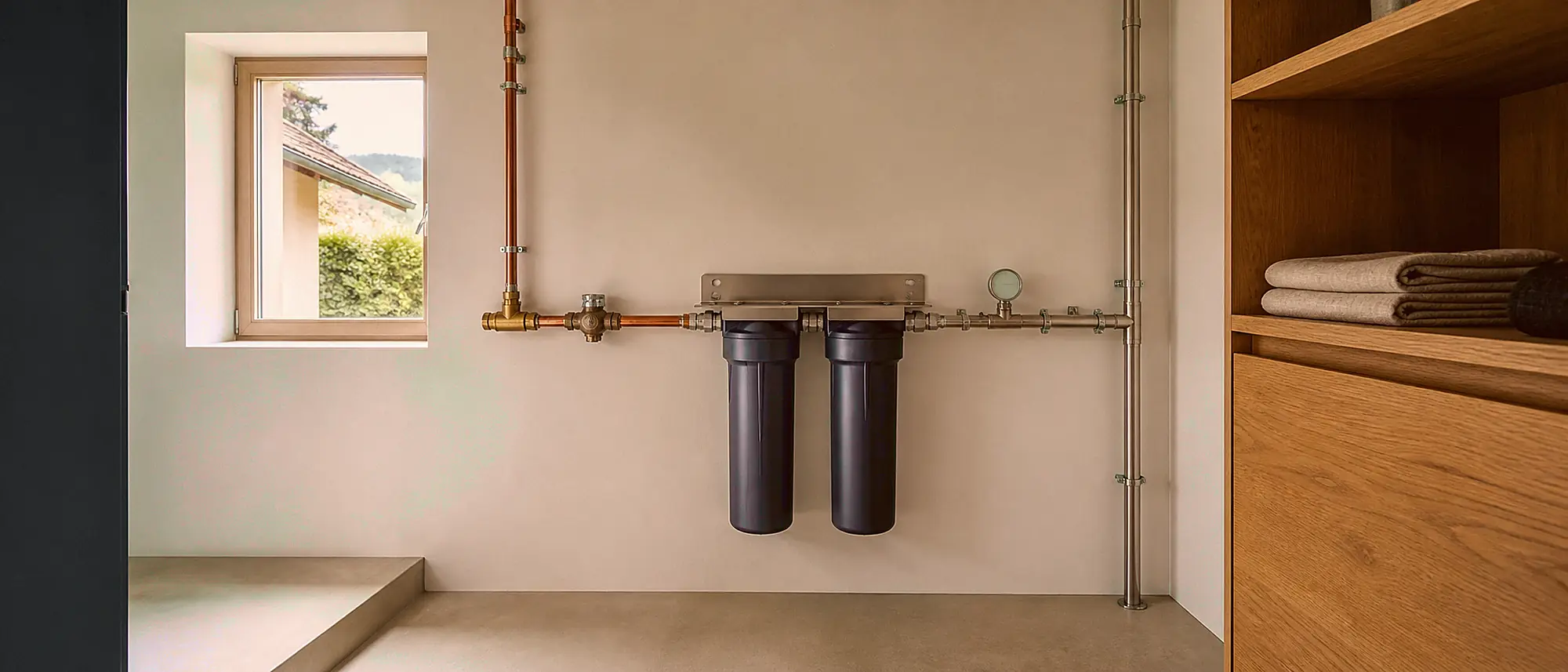 Le local technique domestique : unité de filtration d'entrée de réseau et tuyauteries cuivre et inox ordonnées