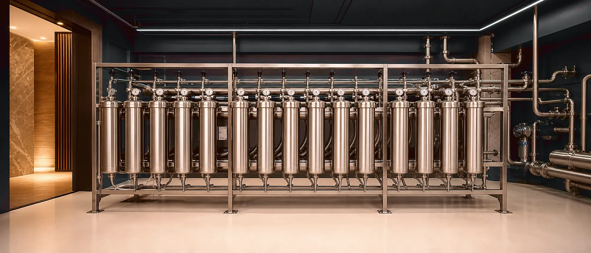 Un local technique professionnel : rack de filtration inox aux corps identiques, collecteur ordonné