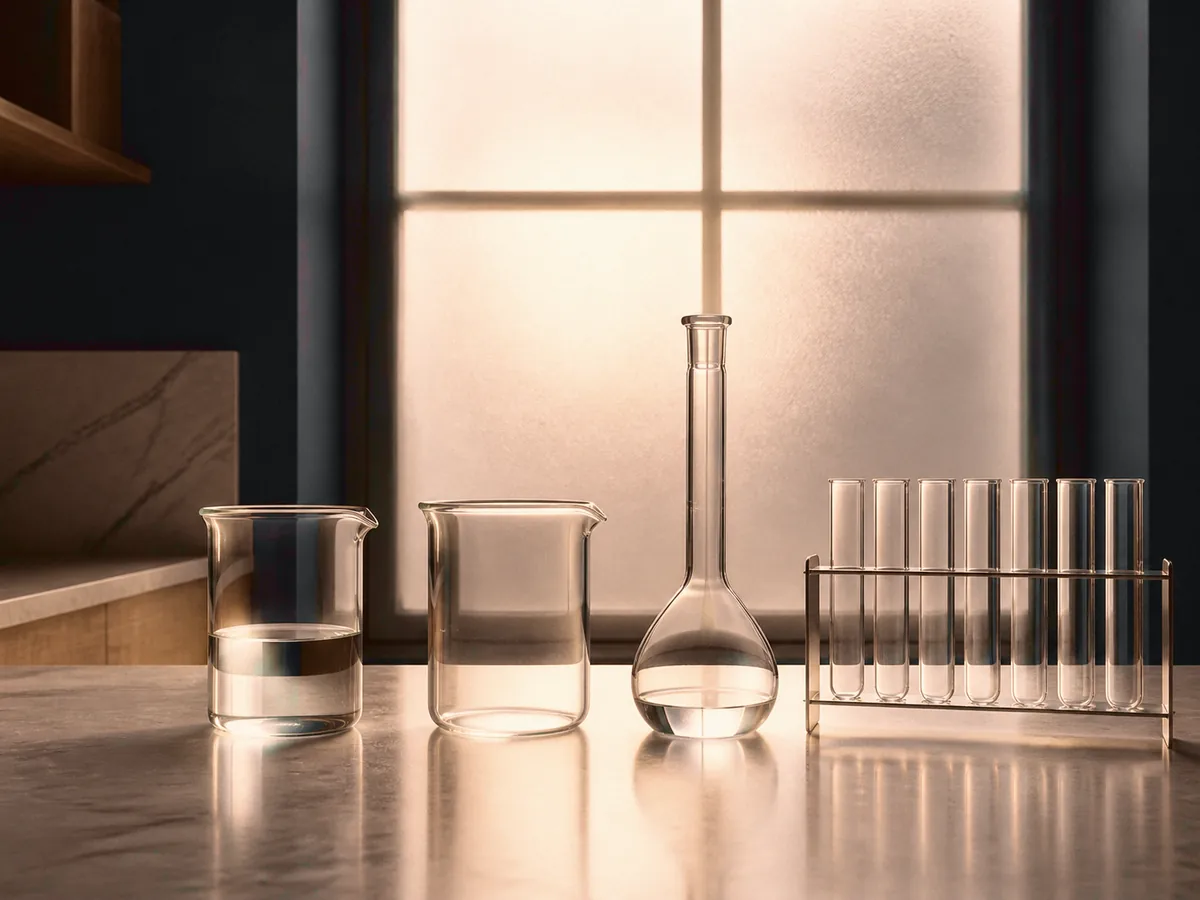 Verrerie de laboratoire en contre-jour doux devant une fenêtre dépolie