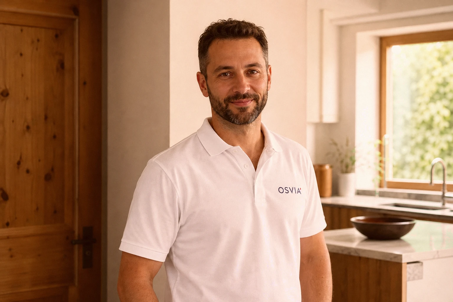 Portrait candide d'un technicien OSVIA en polo blanc, serein, dans une cuisine habitée en lumière du jour